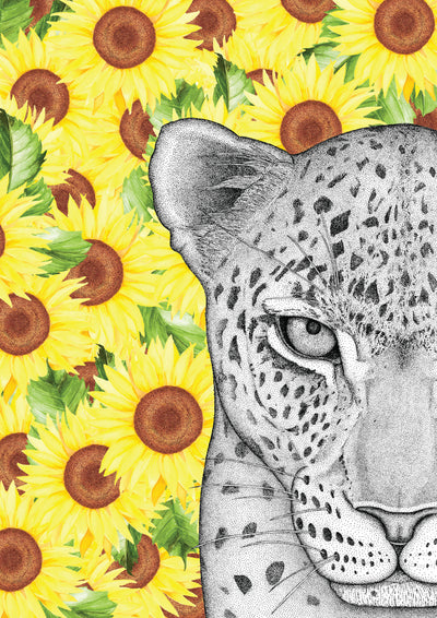 Luca the Leopard with Sunflower Background